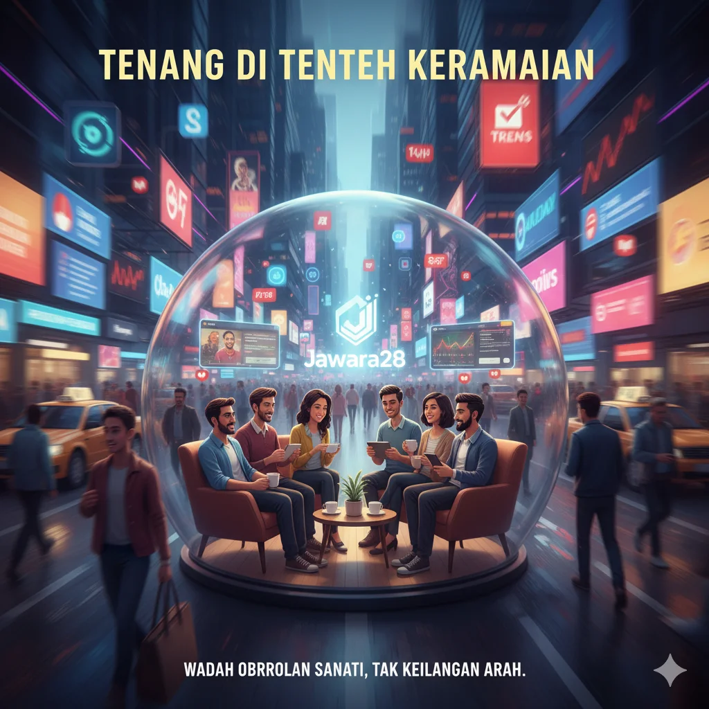 gambar yang menangkap esensi "ketenangan di tengah keramaian" dan "wadah obrolan santai yang tidak kehilangan arah" yang menjadi ciri khas Juara28. Visual ini akan menonjolkan kontras antara dunia yang serba cepat dengan komunitas yang tenang dan fokus.